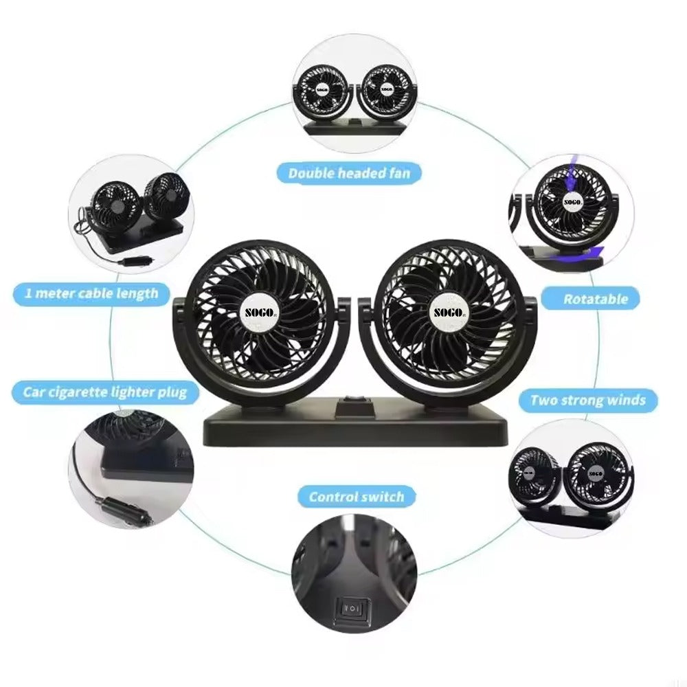 Car Fan Dual Head 4-Inch 12V/24V 360° Rotating Low Noise Cooling