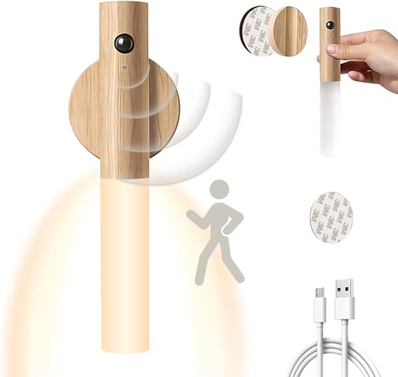 LED Wood Night Light PIR Motion Sensor Magnetic Wall Lamp USB Rechargeable