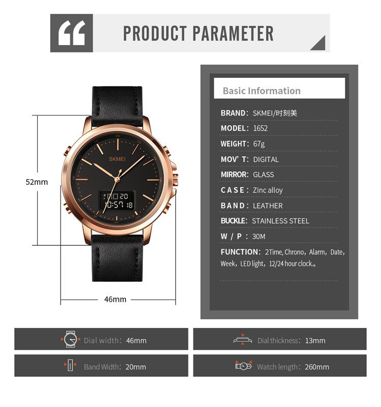 SKMEI Men's Fashion Digital Watch Analog Leather Multifunctional Waterproof Men's Watch 1652