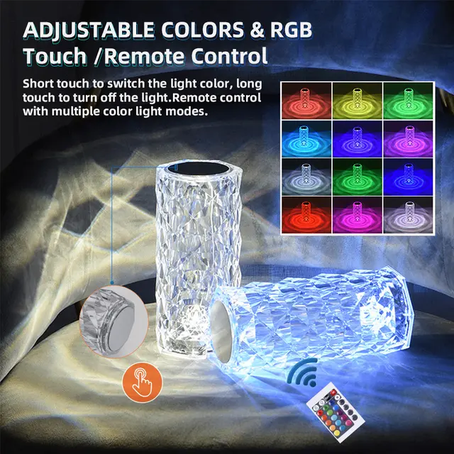 16 Colors Diamond Rose Crystal Touch Lamp Bedside Acrylic Usb Rechargeable Table
