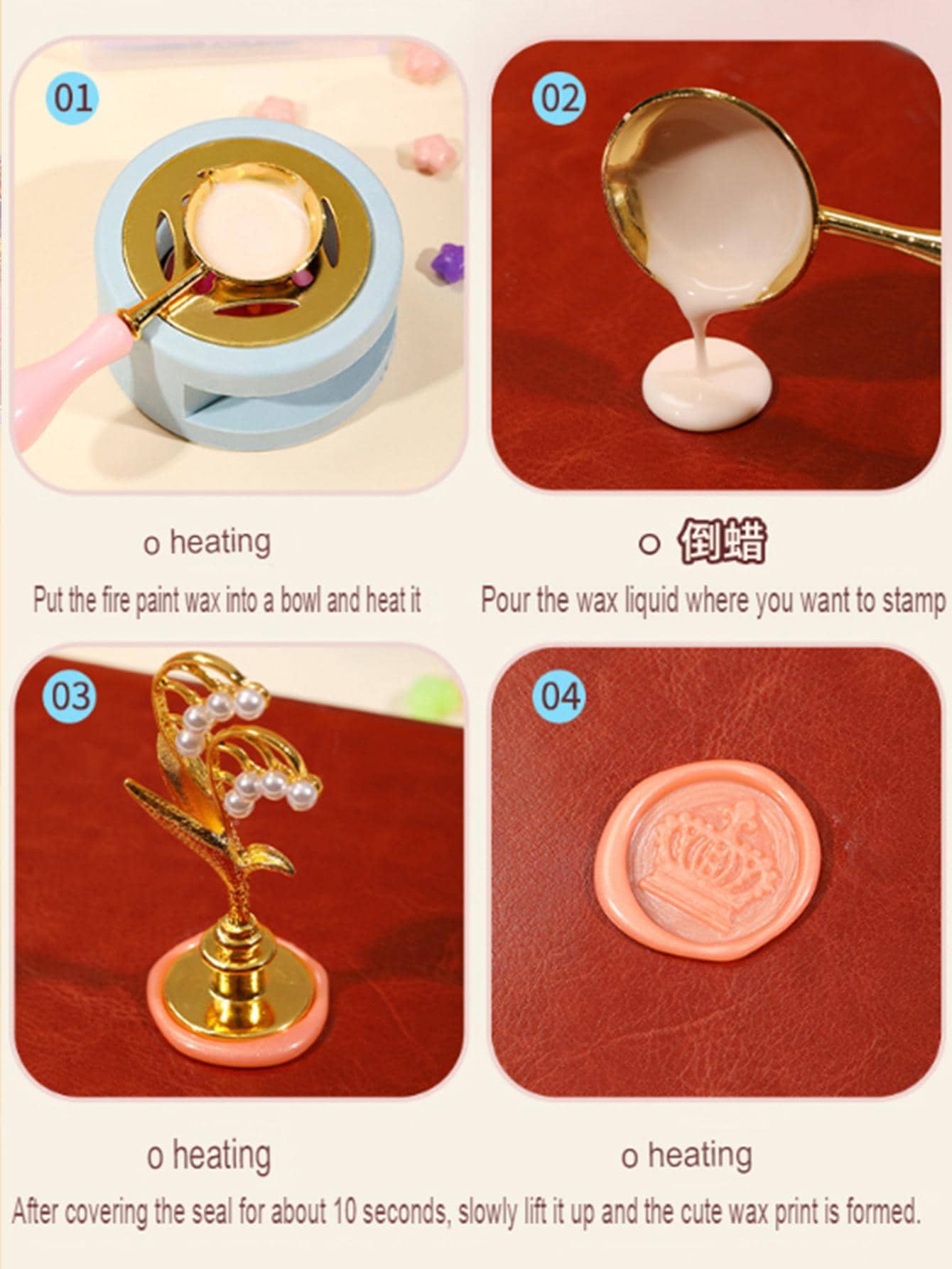 Wax Set With 3 Different Brass Stamps With Holder - Spoon -