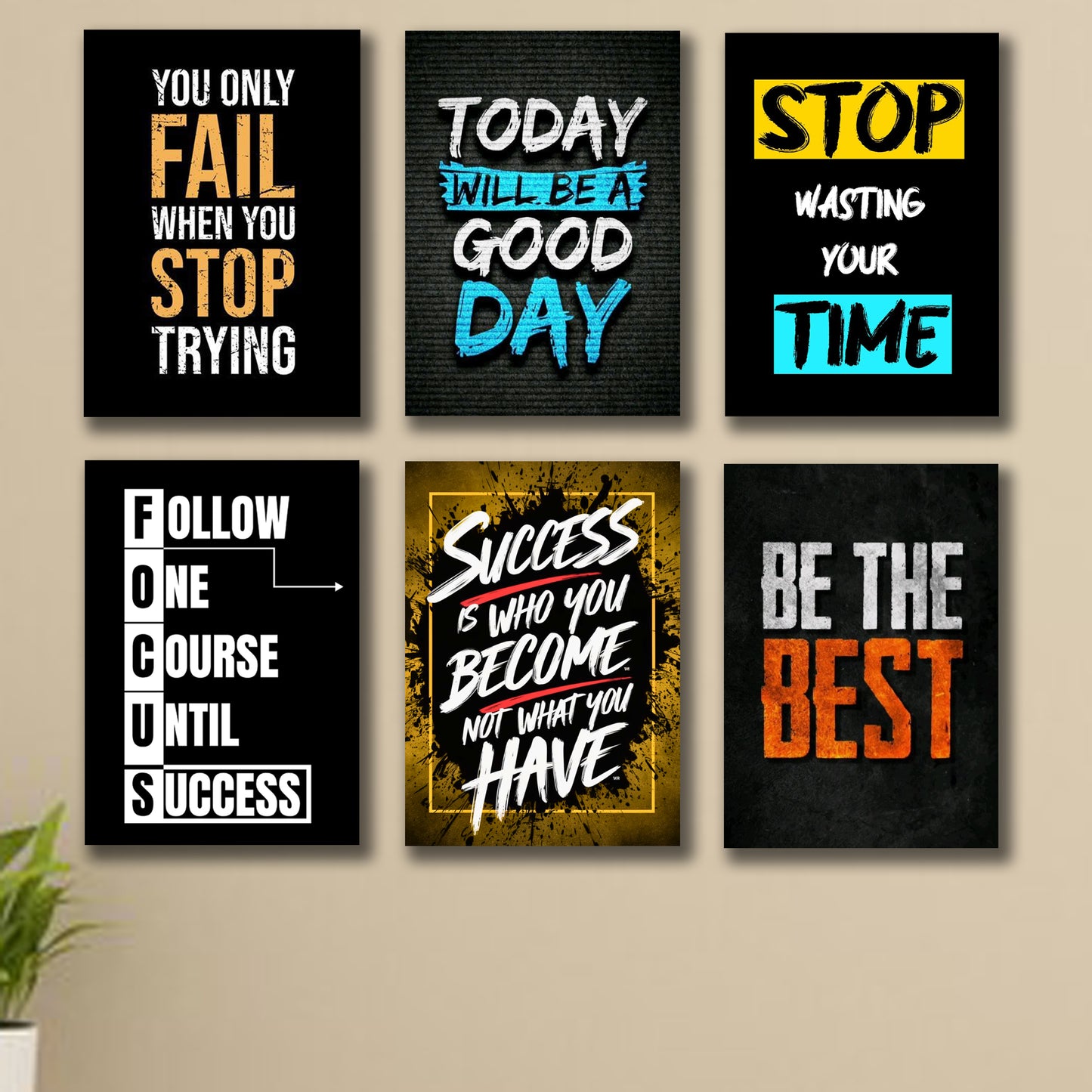set of 6 Motivational wooden canvas frames for wall decore / sticky