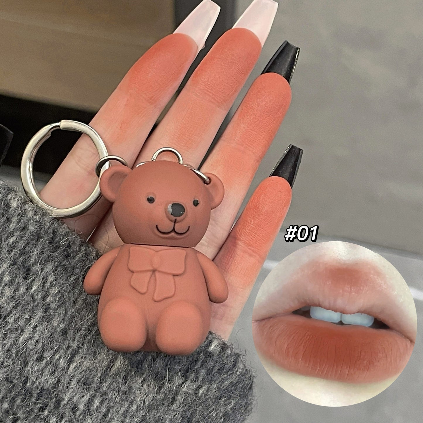 6-Piece Cute Bear Keychain Liquid Lipstick Set Mist Matte Velvet Finish,