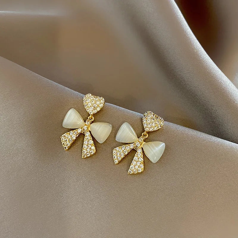 Heart Bow Zircon Korean Earring for Women(Golden)