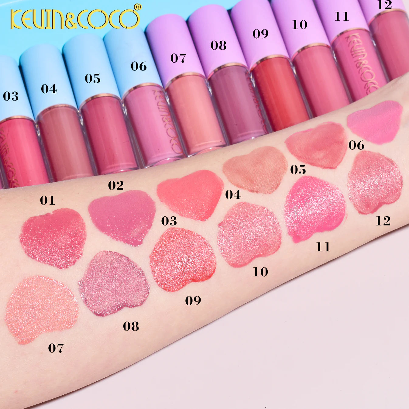 Set 12 Lip Gloss Kevin&Coco, nuante de rosu si rose, cutie dreptunghiulara,