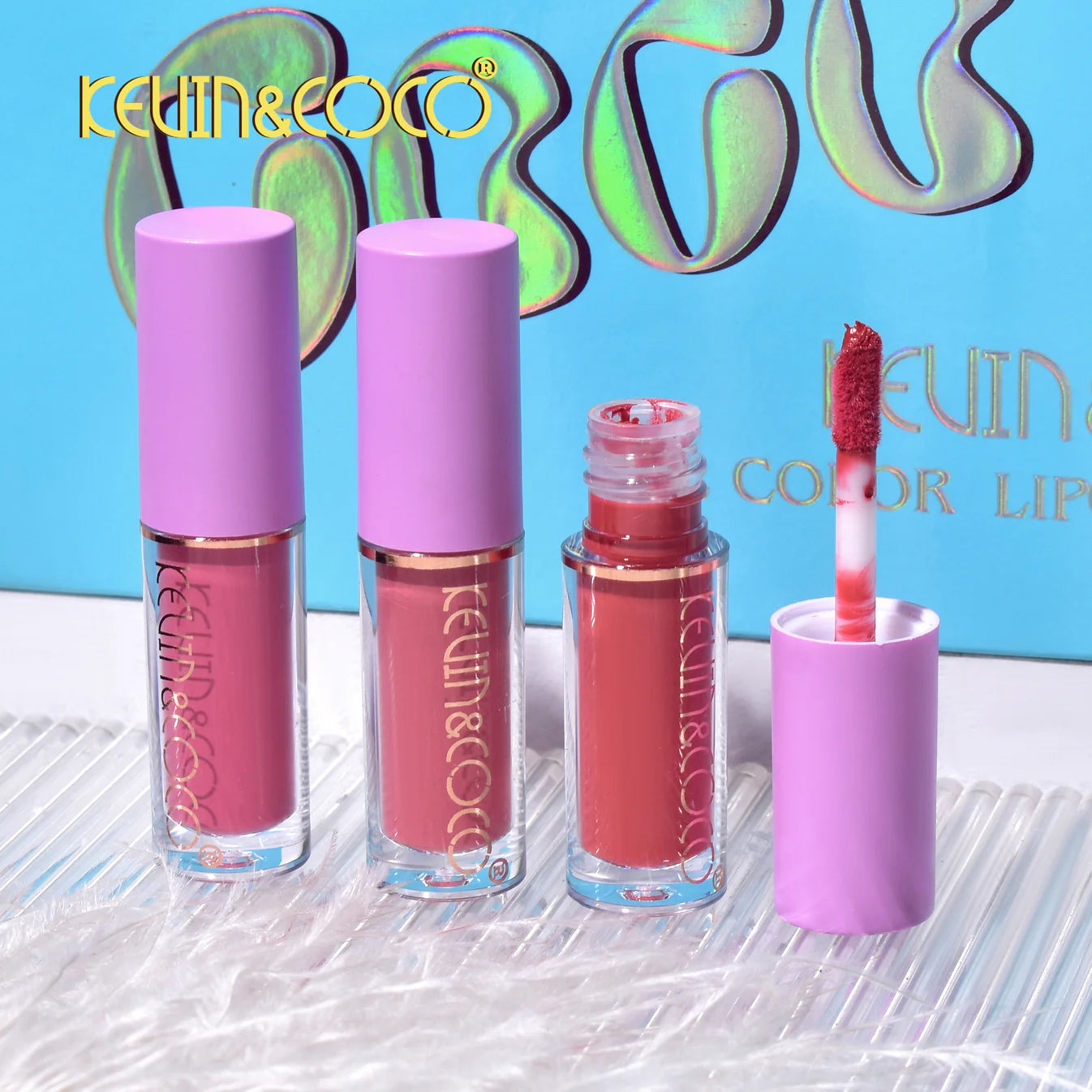 Set 12 Lip Gloss Kevin&Coco, nuante de rosu si rose, cutie dreptunghiulara,