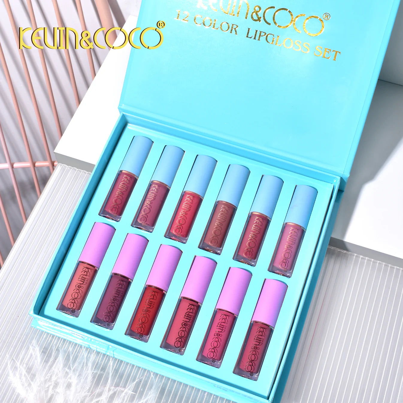 Set 12 Lip Gloss Kevin&Coco, nuante de rosu si rose, cutie dreptunghiulara,