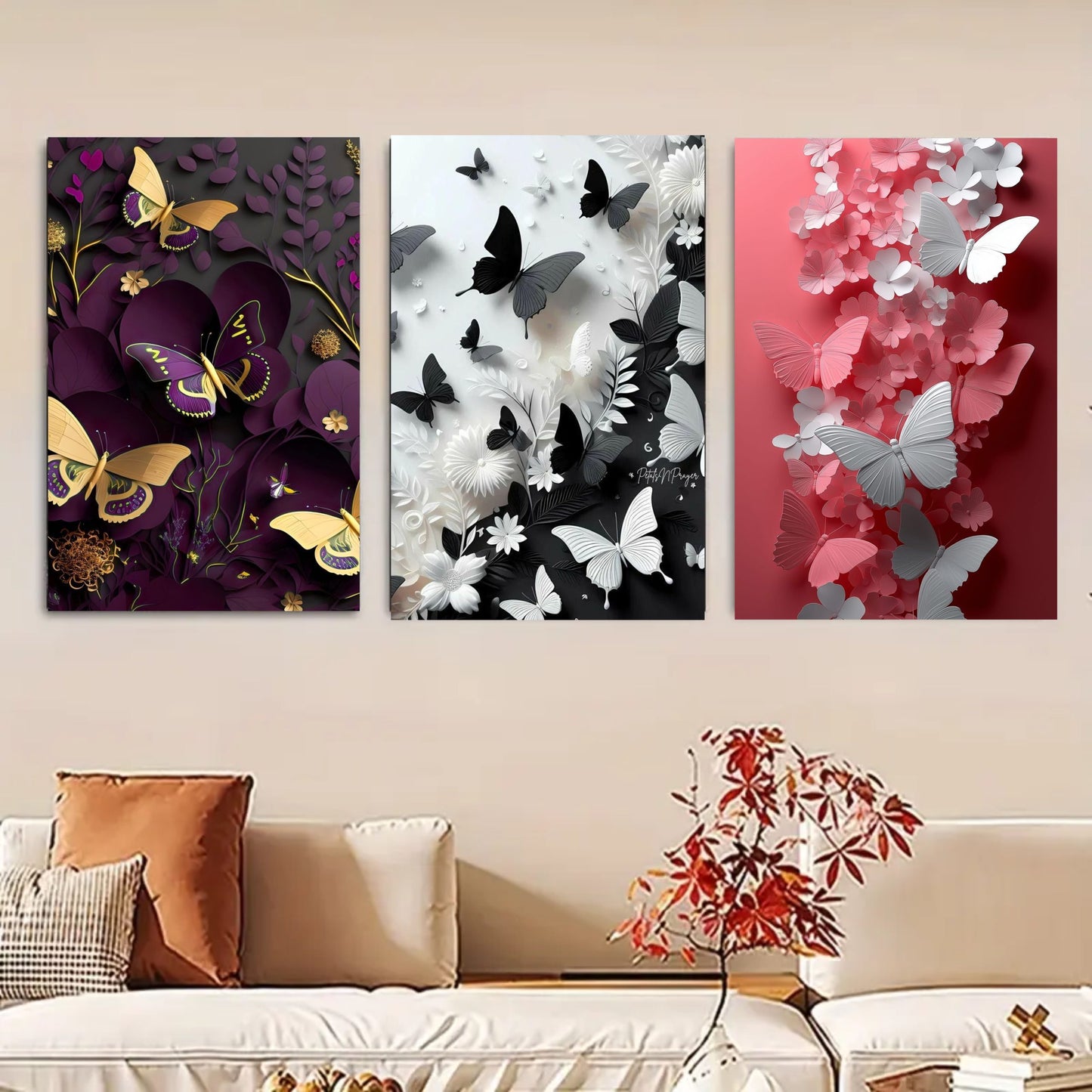 set of 3 Butterfly art wooden frames for wall decoration / sticky