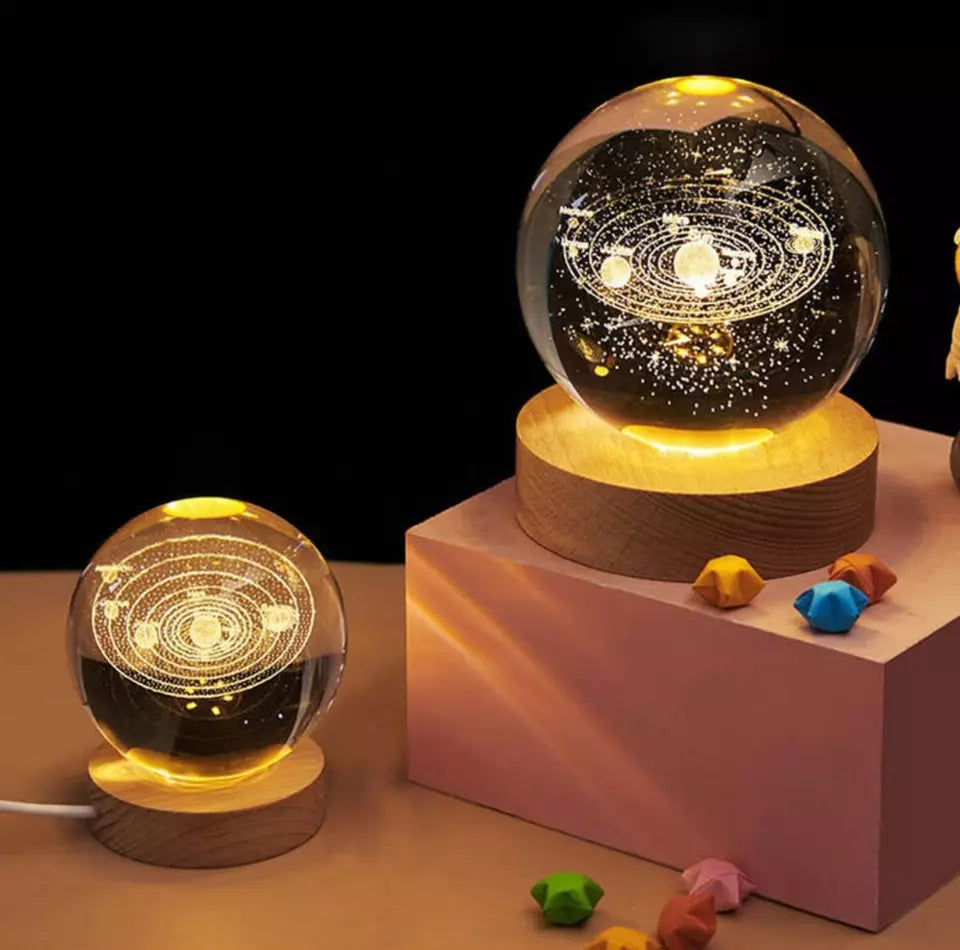 3D Galaxy Solar System Crystal Ball Night Light with Wooden Base for