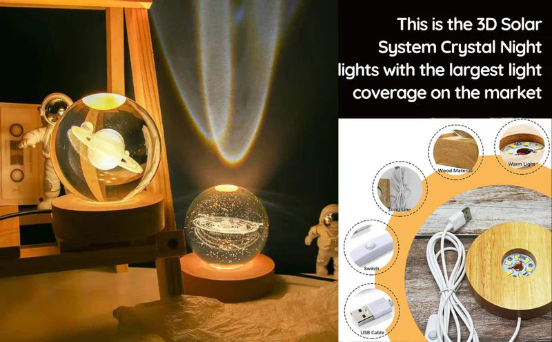 3D Galaxy Solar System Crystal Ball Night Light with Wooden Base for