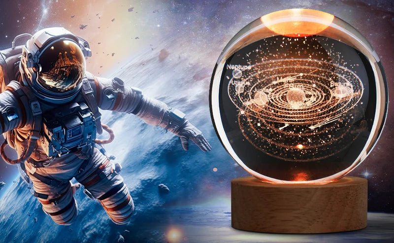 3D Galaxy Solar System Crystal Ball Night Light with Wooden Base for