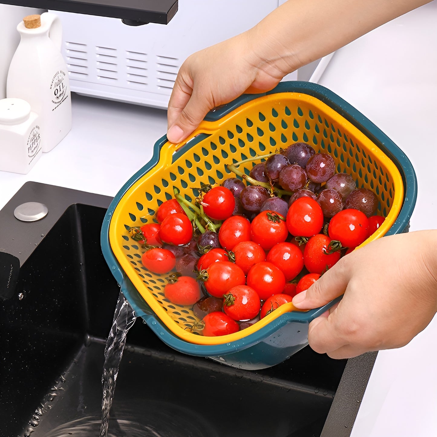 Multi-function Double-layer Draining Storage Basket with Lid | Kitchen Basket (Random Color)