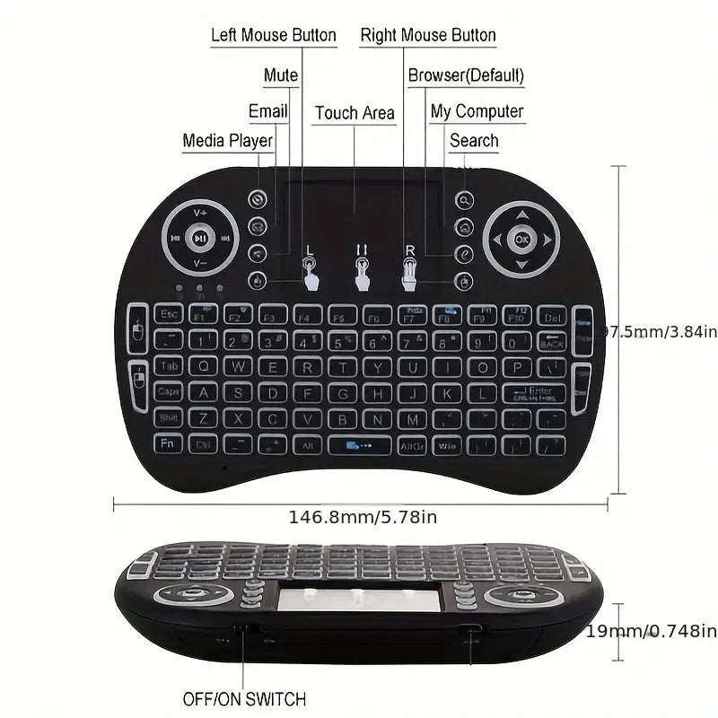 i8 2.4G Mini wireless keyboard with touchpad | 7-color Backlight ,plug and