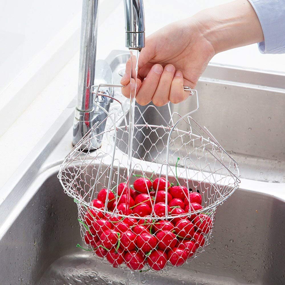 STAINLESS STEEL MULTI-FUNCTIONAL FOLDABLE COOKING Chef Basket Deluxe Kitchen Colander, MESH STEAM