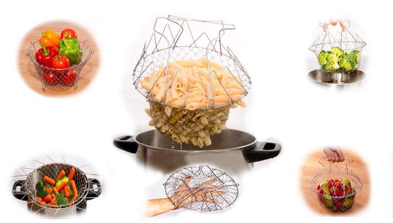 STAINLESS STEEL MULTI-FUNCTIONAL FOLDABLE COOKING Chef Basket Deluxe Kitchen Colander, MESH STEAM