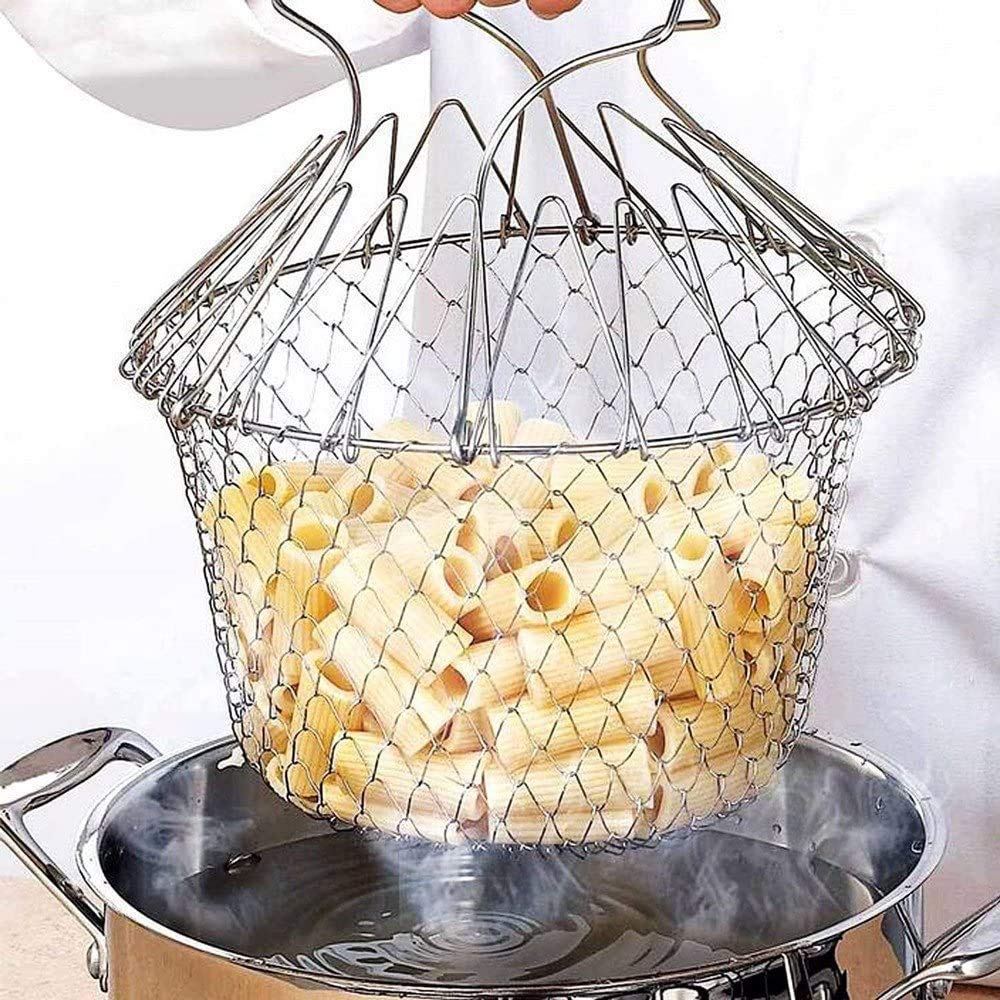 STAINLESS STEEL MULTI-FUNCTIONAL FOLDABLE COOKING Chef Basket Deluxe Kitchen Colander, MESH STEAM