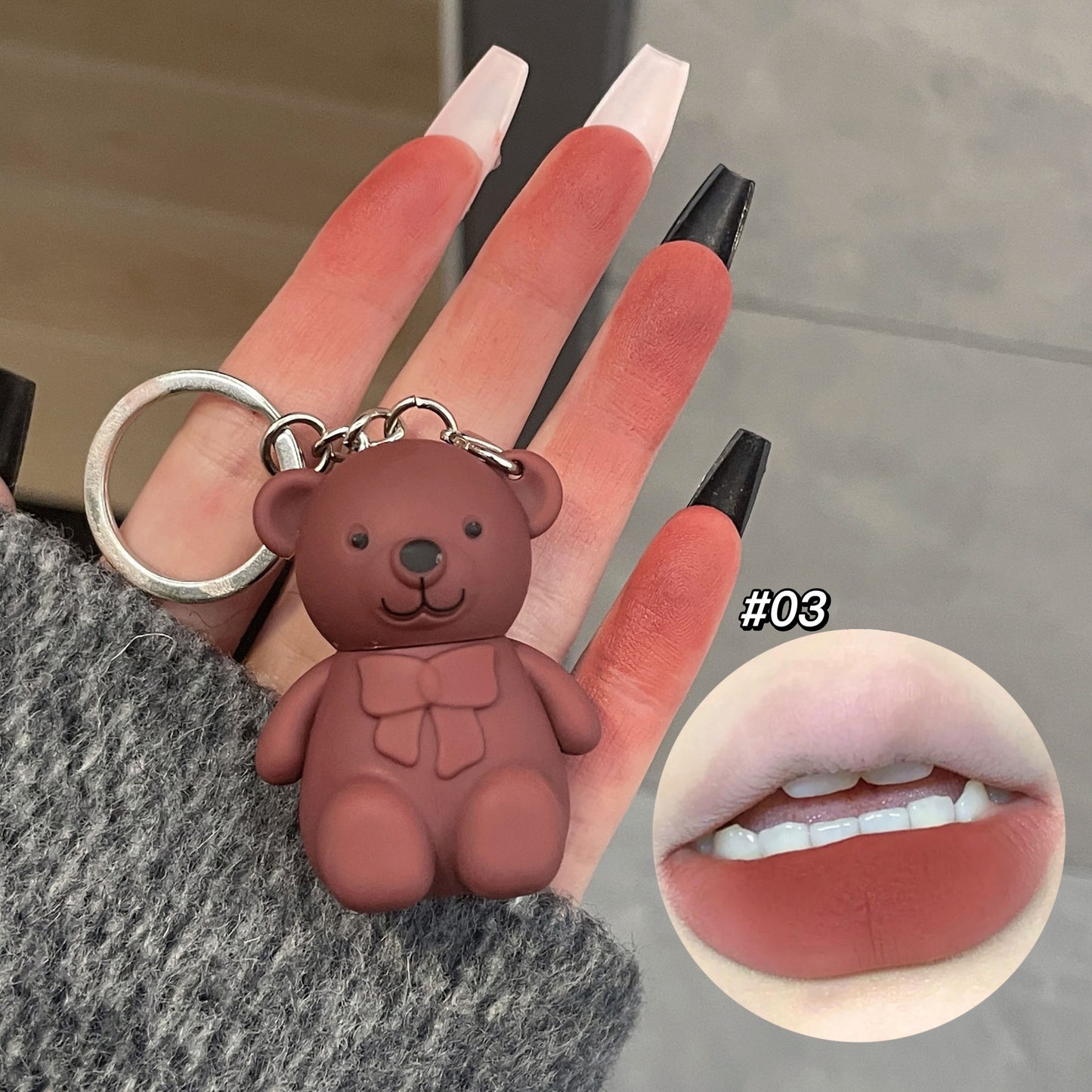 6-Piece Cute Bear Keychain Liquid Lipstick Set Mist Matte Velvet Finish,