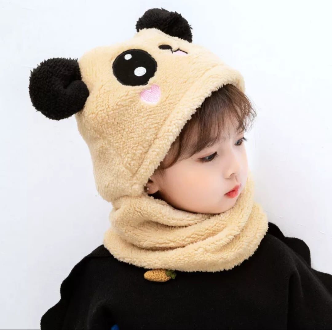 Kids Winter Panda Cap Wool Cap With Neck Warmer Attached. KIDS