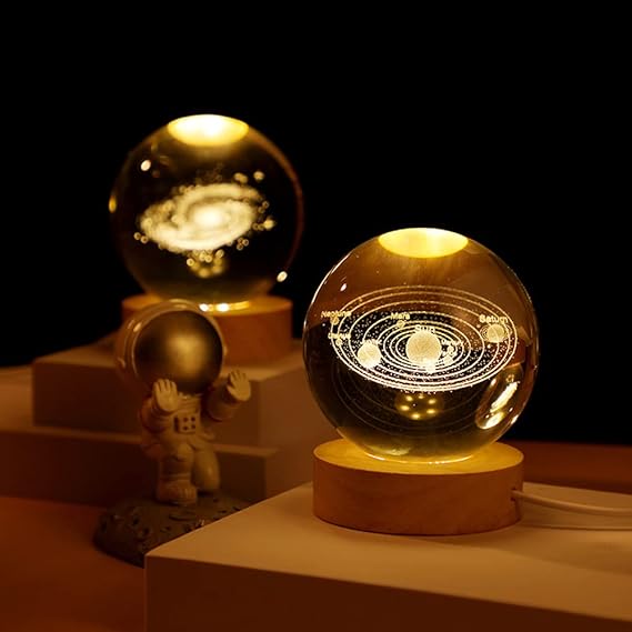 3D Galaxy Solar System Crystal Ball Night Light with Wooden Base for