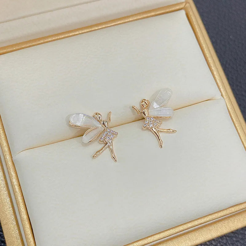 Fashion Cute Flower Wings Elf Stud Earring For Women Girls Design Zircon
