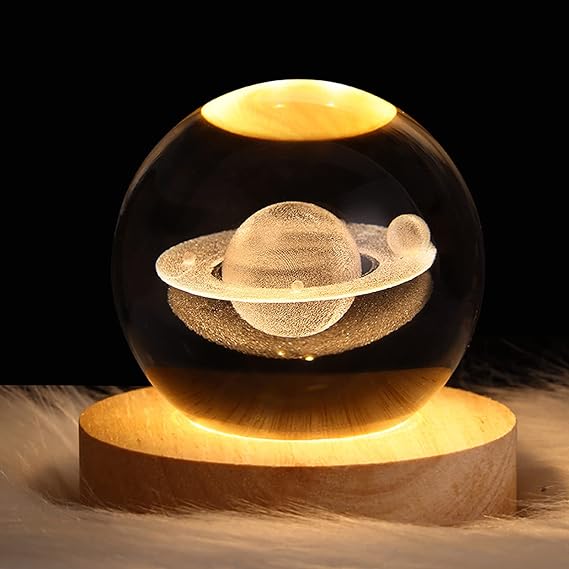 3D Galaxy Solar System Crystal Ball Night Light with Wooden Base for