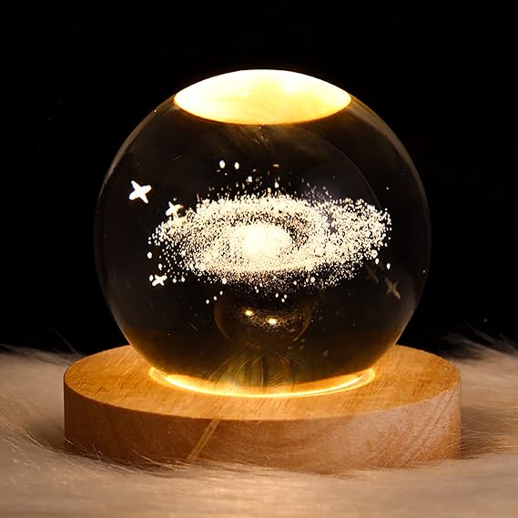 3D Galaxy Solar System Crystal Ball Night Light with Wooden Base for