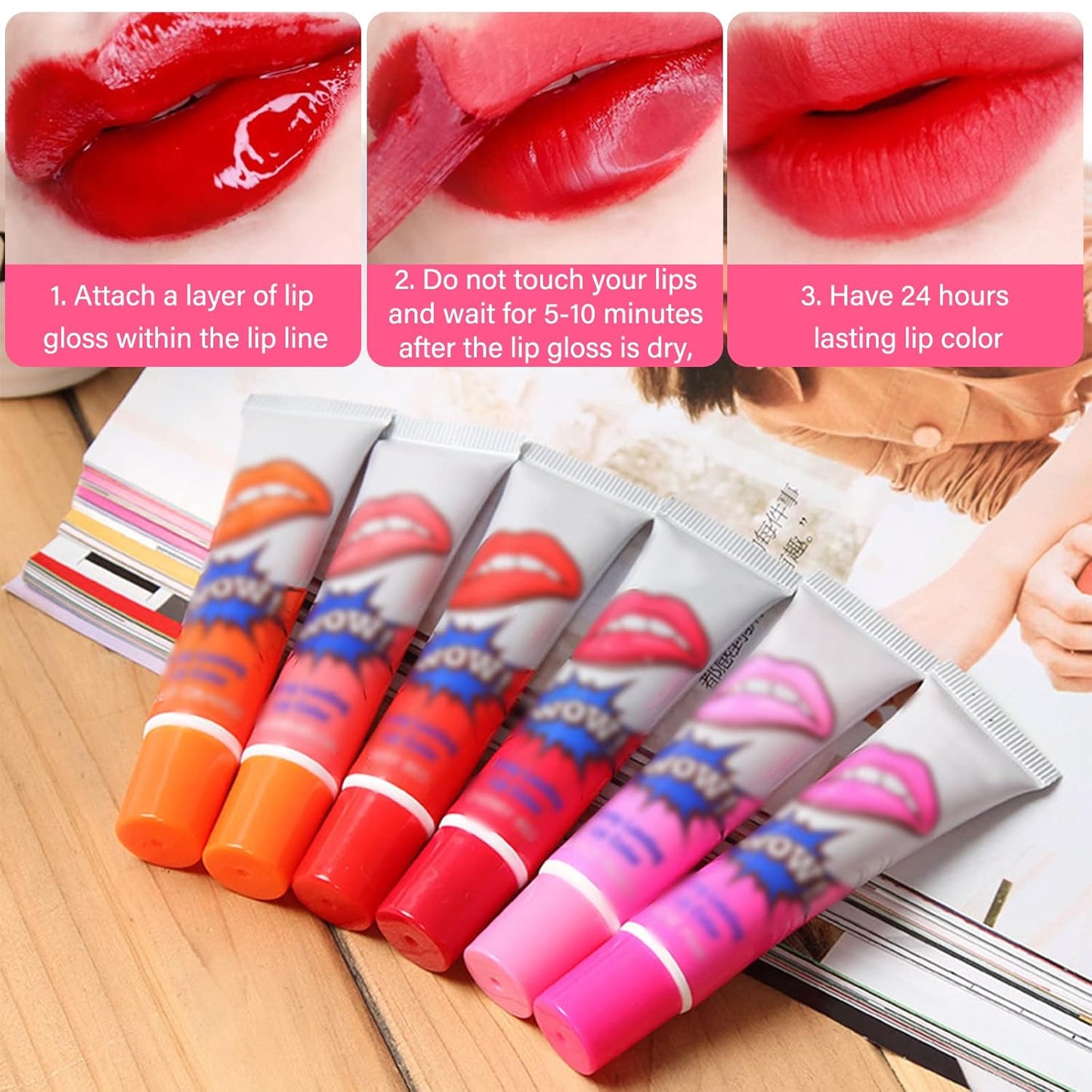 Pack Of 6 High Pigmented Lip Gloss Lipstick Tattoo Peel Off Durable