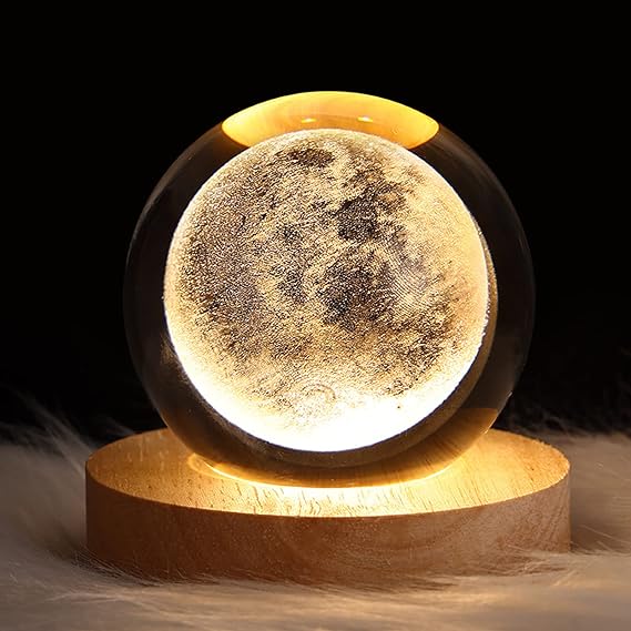 3D Galaxy Solar System Crystal Ball Night Light with Wooden Base for
