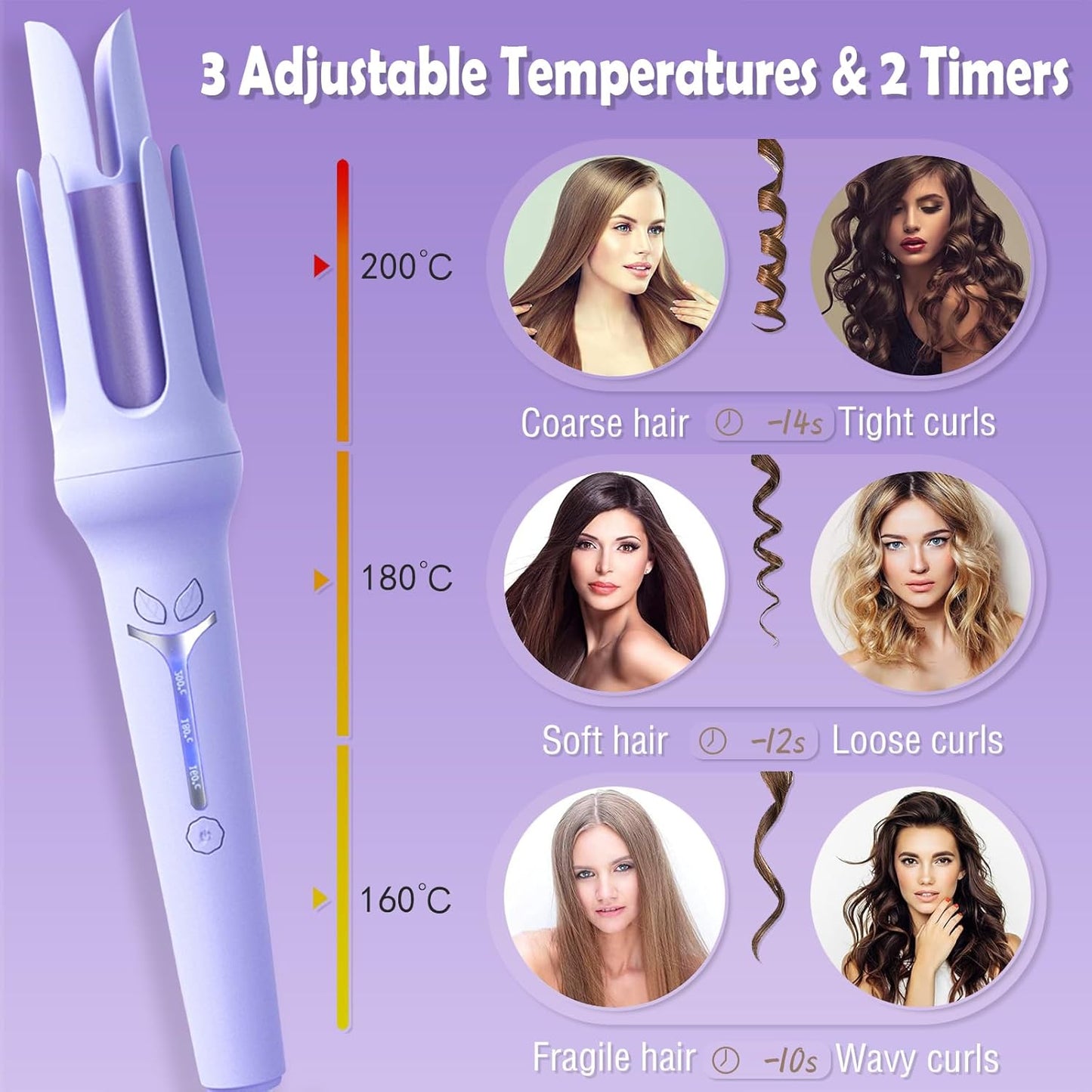 Hair Curler, 32mm Automatic Curling Iron, 3 Adjustable Temperatures And 2 Timer