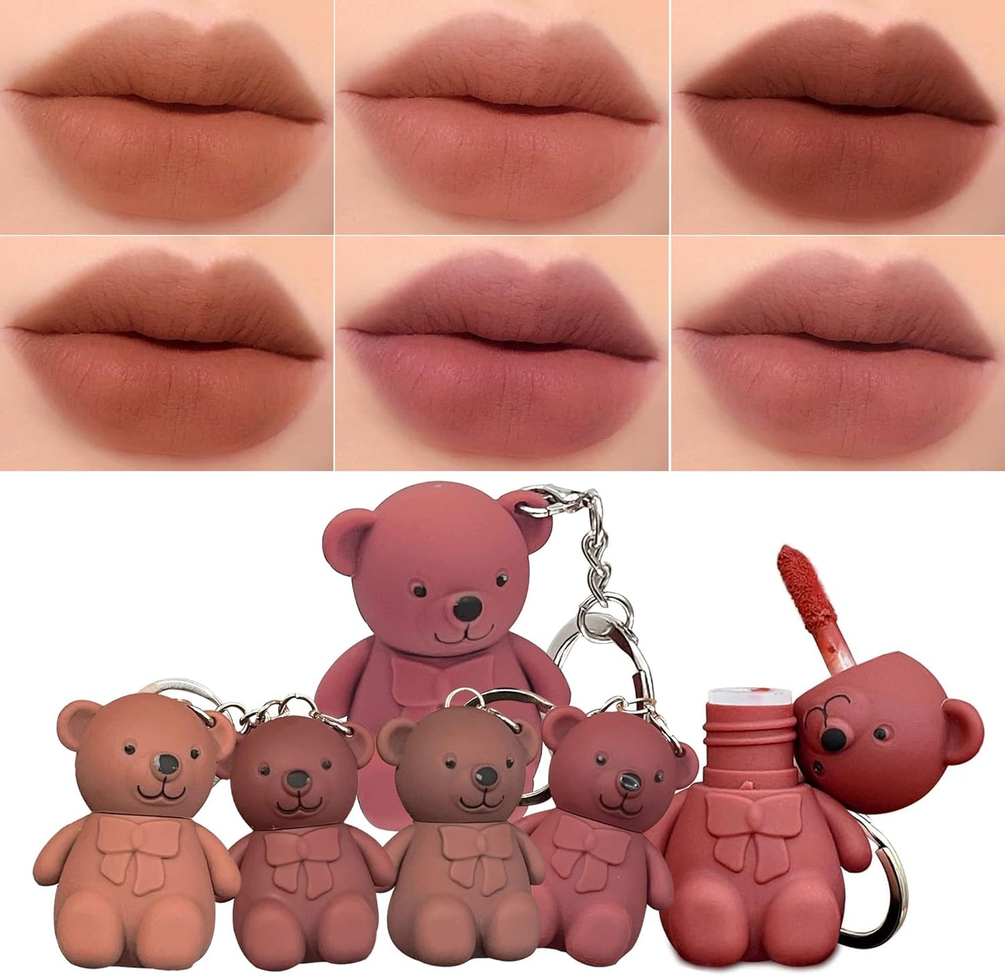 6-Piece Cute Bear Keychain Liquid Lipstick Set Mist Matte Velvet Finish,