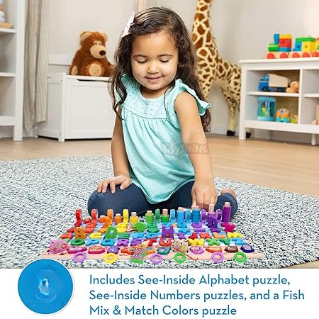 Wooden Puzzle Sorting Learning Board Toys | ABC, Numbers, Shapes, Abacus, Fish