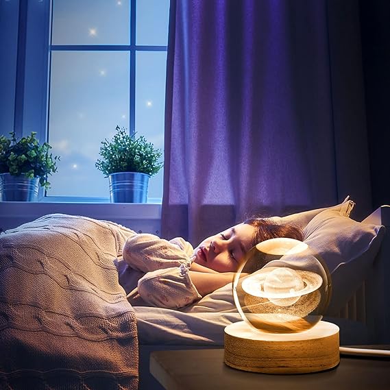 3D Galaxy Solar System Crystal Ball Night Light with Wooden Base for