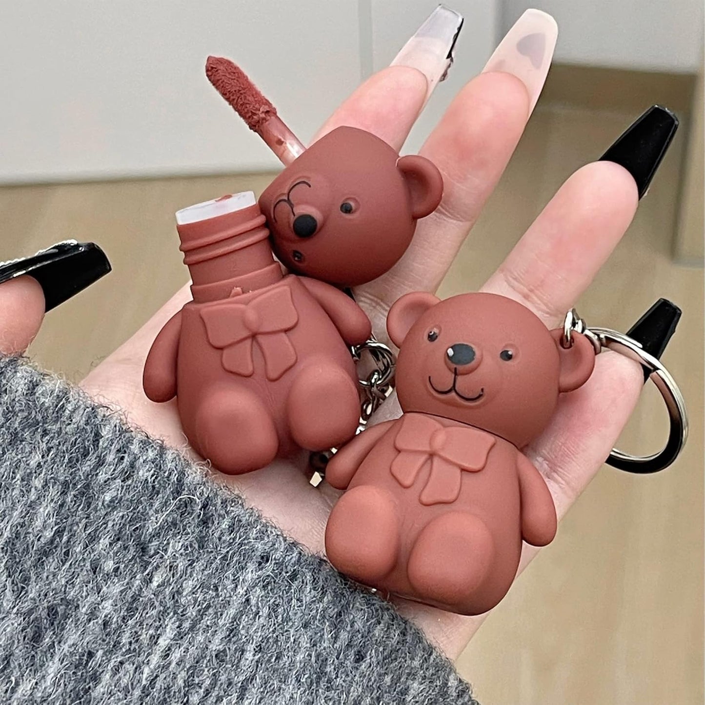 6-Piece Cute Bear Keychain Liquid Lipstick Set Mist Matte Velvet Finish,