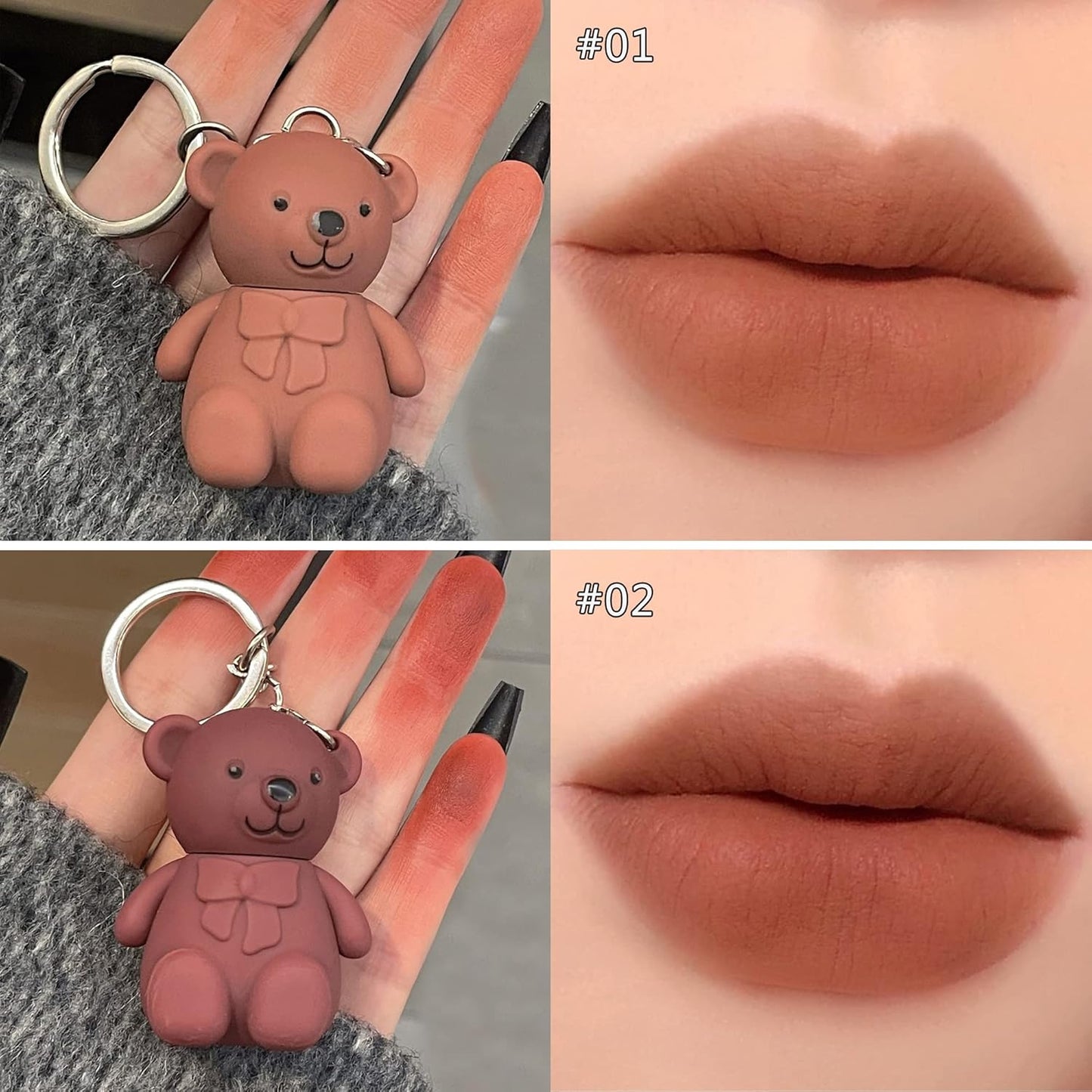 6-Piece Cute Bear Keychain Liquid Lipstick Set Mist Matte Velvet Finish,