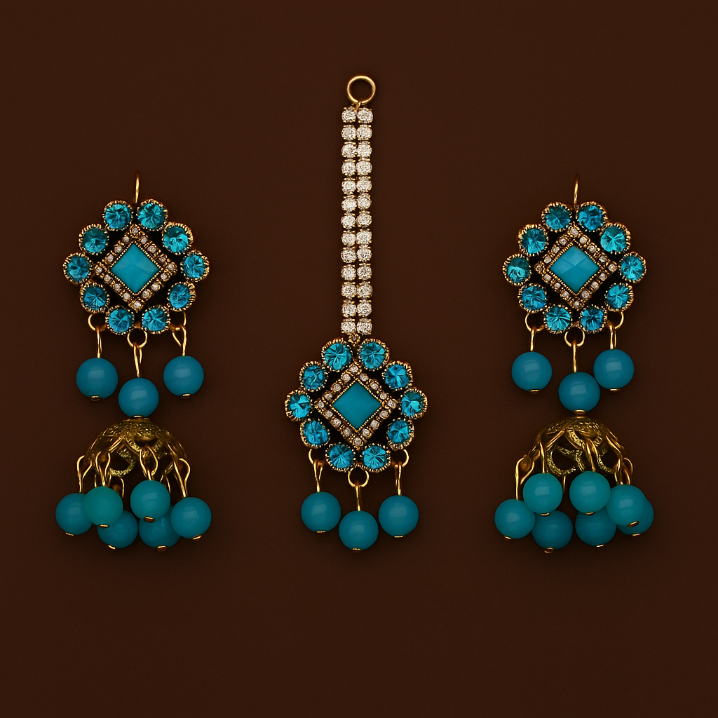 Artificial Jhumkay & Bindya Set with Blue Stones Ethnic Jewelry for