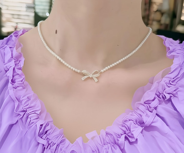 PQT-992 - Bow Shape Pearl Pendant Necklace for Women Dainty Jewelry