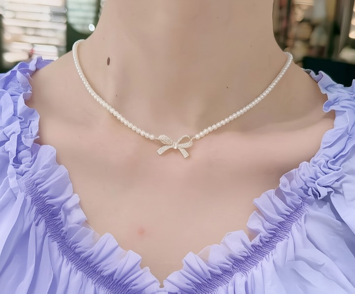 PQT-992 - Bow Shape Pearl Pendant Necklace for Women Dainty Jewelry