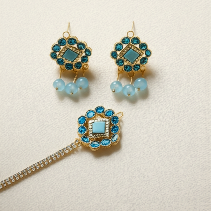 Artificial Jhumkay & Bindya Set with Blue Stones Ethnic Jewelry for