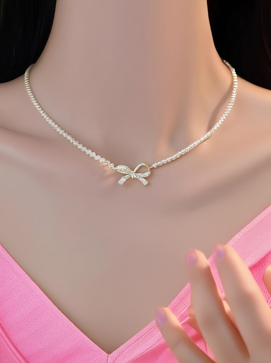 PQT-992 - Bow Shape Pearl Pendant Necklace for Women Dainty Jewelry