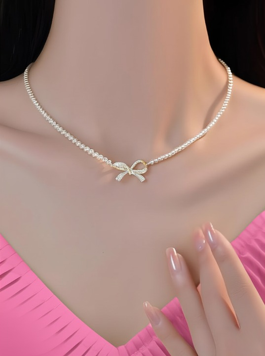 PQT-992 - Bow Shape Pearl Pendant Necklace for Women Dainty Jewelry