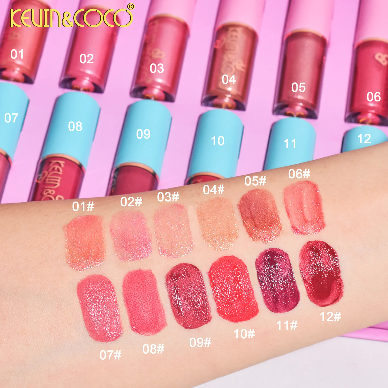 Set 12 Lip Gloss Kevin&Coco, nuante de rosu si rose, cutie dreptunghiulara,