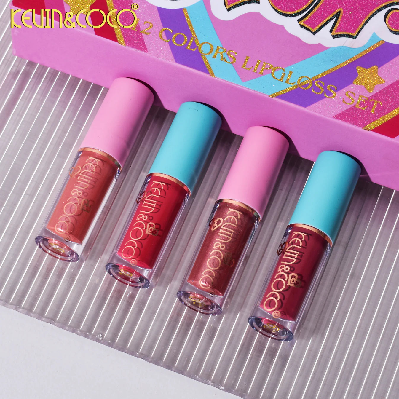 Set 12 Lip Gloss Kevin&Coco, nuante de rosu si rose, cutie dreptunghiulara,