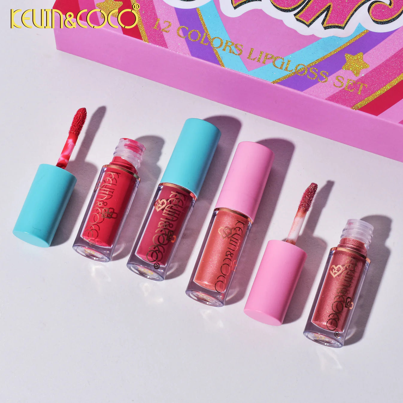 Set 12 Lip Gloss Kevin&Coco, nuante de rosu si rose, cutie dreptunghiulara,