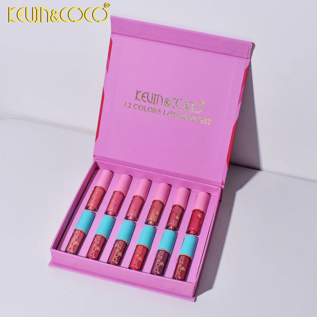 Set 12 Lip Gloss Kevin&Coco, nuante de rosu si rose, cutie dreptunghiulara,