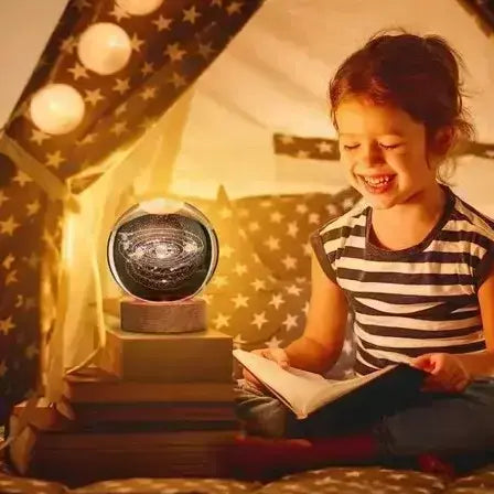 3D Galaxy Solar System Crystal Ball Night Light with Wooden Base for