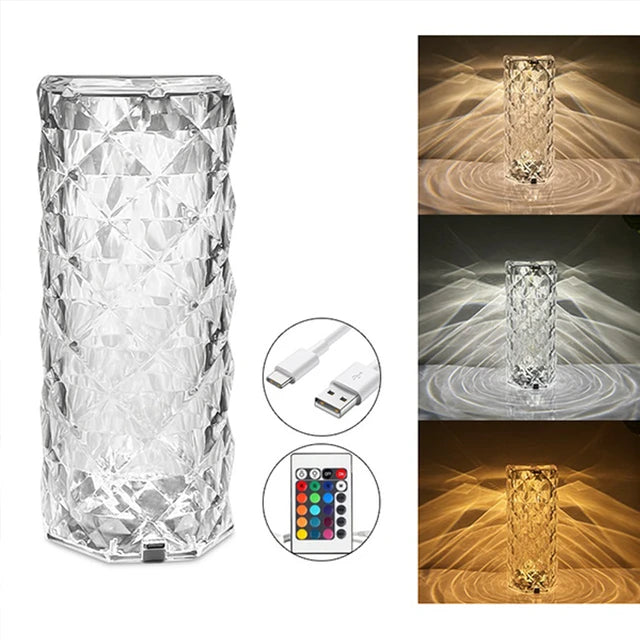 16 Colors Diamond Rose Crystal Touch Lamp Bedside Acrylic Usb Rechargeable Table
