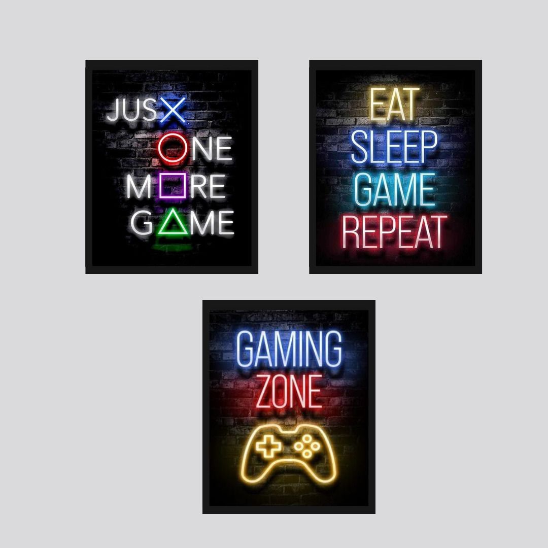 Set of 3 gaming text neon wall frames / Wall frame for