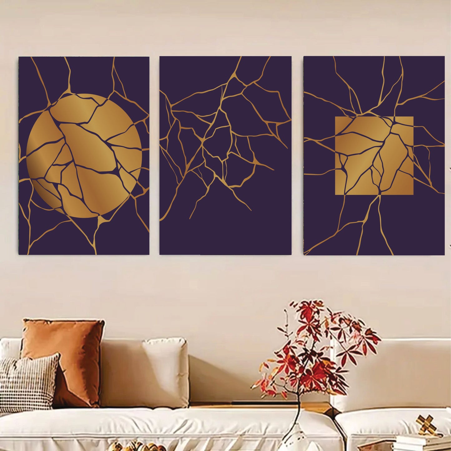 Set Of 3, Abstract golden moon Wall Art Photo Canvas Wooden Tile