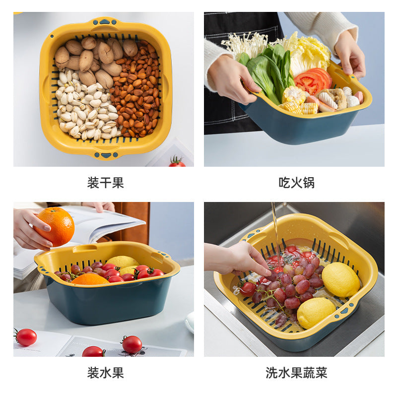 Multi-function Double-layer Draining Storage Basket with Lid | Kitchen Basket (Random Color)