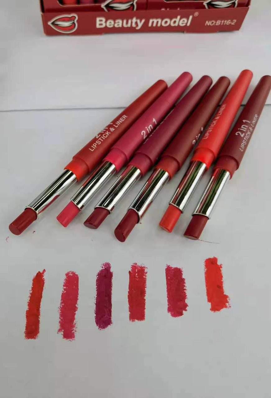 2-in-1 Lipstick & Lip Liner Pack 6 Vibrant Colors, Waterproof &